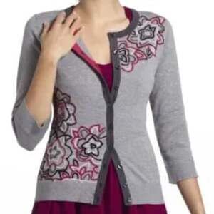 Tabitha Anthropologie Grey Floral Embroidered Button-Down Cardigan